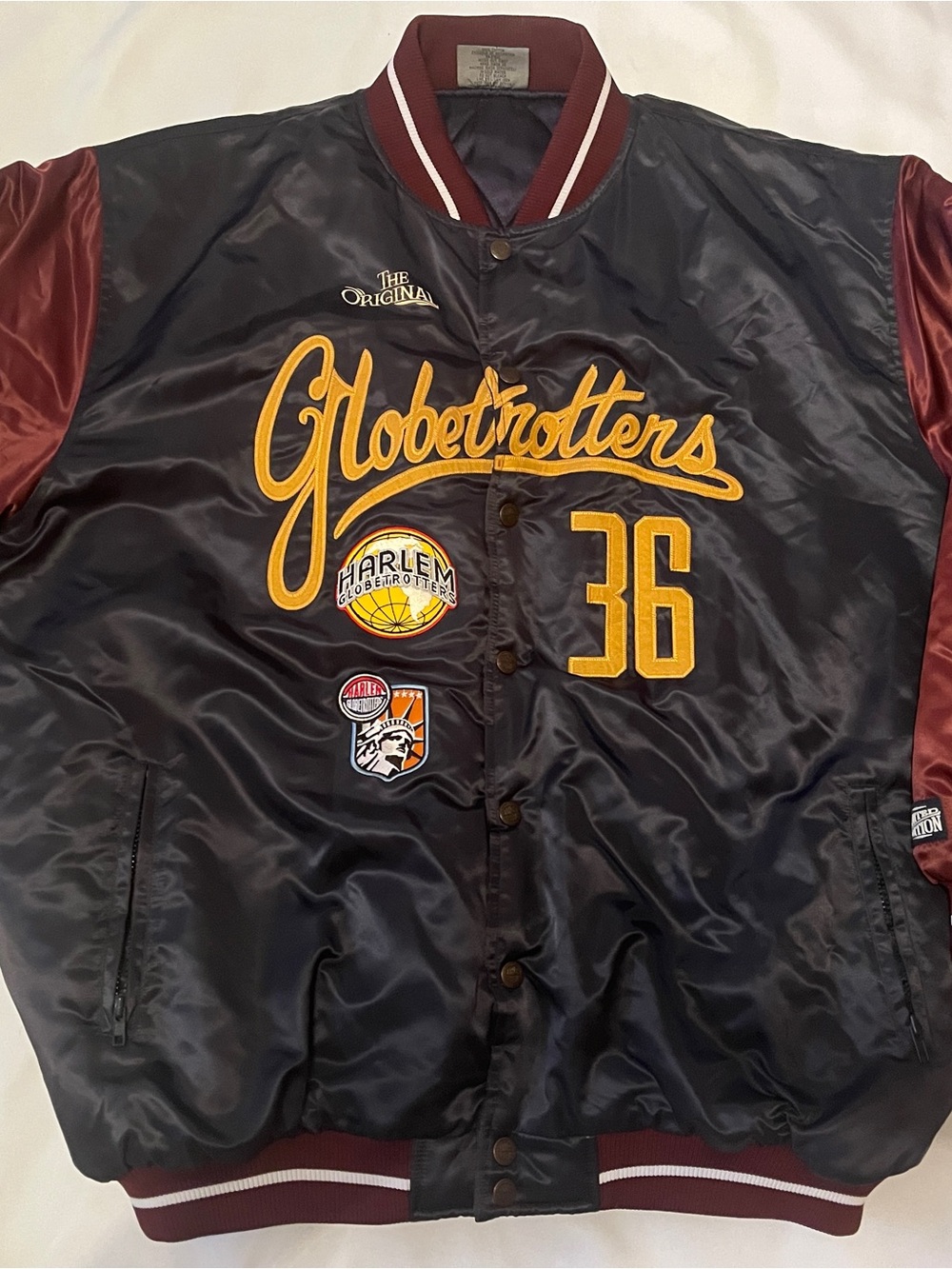 Harlem Globetrotters Satin Varsity Jacket - Navy & Burgundy
